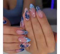 Ocean Blue Gradient Press On Nails Medium Almond Shape 24Pcs Jellyfish Wave Design with Pearl Accents Elegant False Nails Set for Women DIY Manicure French Tip Acrylic Extensions