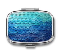 Ocean Blue Mermaid Fish Scale Pill Case 2 Compartments Portable Metal Medicine Box Mini Medicine Organizer Travel Organizer for Pocket Wallet