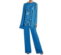 Ocean-Blue Mother of The Bride Outfits Chiffon Womens Trouser Suits for Wedding Guest 3 Pieces Floaty Trouser Suits Size 20