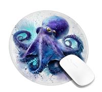 Ocean Blue Octopus Artistic Mouse Pad, Watercolor Ocean Creatures Design Stitched Edge Mousemat, Rubber Non-Slip Washable Gaming Mouse Pad for Home and Office Computer Round 8x8 Inch