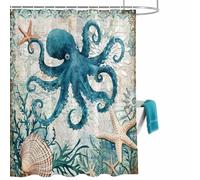 Ocean Blue Octopus Shower Curtain for Bathroom, Retro Background Waterproof Cloth Fabric Bathroom Accessories Set with 12 Rust Proof Plastic Hooks, 72” x 78”