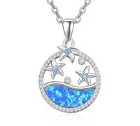 Ocean Blue Opal Sea Star Round Diamond Pendant Necklace Silver Alloy Women's Necklace everyday wear and formal occasion for unisex women men