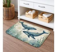 Ocean Blue Quick Dry Bath Mat, Whale and Coral Pattern Absorbent Non Slip Shower Mat, Nautical Flannel Washable Bath Rugs for Bathroom Toilet Restroom Decorative 16x24 Inch