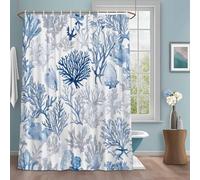 Ocean Blue Shower Curtain with 12 Hooks Grey Coral Shell Watercolor Marine Life Coastal Waterproof Fabric Shower Curtains Sets for Bathroom Bath Decorations, Machine Washable, 36"x72"