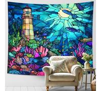 Ocean Blue Tapestry, Lighthouse Coral Reef Floral Decorative Wall Hanging, Nautical Tapestries Aesthetic for Living Room, Bedroom, Beach House 60x50 Inch