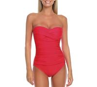Ocean Blues Women's Bandeau One Pieces Swimsuit Molded Cups Shirring Tummy Control Bathing Suit, Red, Size Small