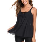 Ocean Blues Women's Black Flowy Tankini Top Breathable Mesh Swimwear Loose Fit Swim Top Size Large