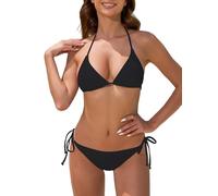 Ocean Blues Women's Black Halter Triangle Bikini Set - Removable Padded Top & Low Rise Side Tie Briefs Two Piece Swimsuit Size Small