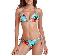 Ocean Blues Women's Blue Floral Adjustable Halter Neck Bikini Set - Sexy Triangle Top & Cheeky Tie Side Bottoms Size Large
