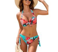 Ocean Blues Women's Blue Floral Push Up Bikini Set Underwire Halter Neck Top & Low Rise Cheeky Bottoms, Adjustable Ties Size Large