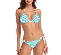 Ocean Blues Women's Blue Stripe Adjustable Halter Neck Bikini Set - Sexy Triangle Top & Cheeky Tie Side Bottoms Size Medium