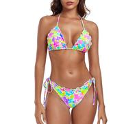 Ocean Blues Women's Daisy Print Adjustable Wavy Bikini Set- Halter Top & Tie Side Cheeky Bottom Size Medium