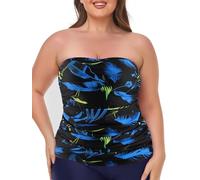 Ocean Blues Women's Feather Print Bandeau Tankini Top Ruched Tummy Control Bikni Top Strapless Bathing Suit Top Only Size Large