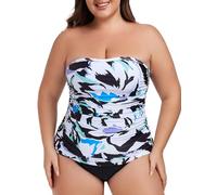 Ocean Blues Women's Floral Bandeau Tankini Top Ruched Tummy Control Bikni Top Strapless Bathing Suit Top Only Size X-Large