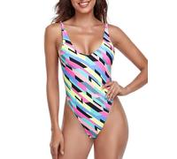 Ocean Blues Women's High Cut One Piece Swimsuit - Adjustable Straps & Cheeky Back Coverage Swimwear, Neon Striped, Size Medium