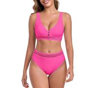 Ocean Blues Women's Hot Pink High Waisted Bikini Set Cut-Out Front Sheer Mesh Patchwork Two Piece Swimsuit Size Medium