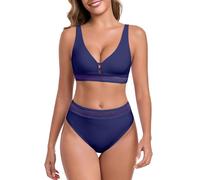 Ocean Blues Women's Navy Blue High Waisted Bikini Set Cut-Out Front Sheer Mesh Patchwork Two Piece Swimsuit Size Large