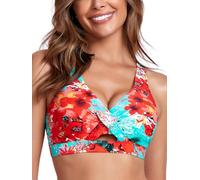 Ocean Blues Women's V-Neck Bikini Top Retro Cutout Bathing Suit Top, Blue Floral, Size Medium