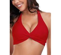 Ocean Blues Women's V-Neck Halter Bikini Top Twist Front with Adjustable Ties, Red, Size Medium