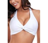 Ocean Blues Women's V-Neck Halter Bikini Top Twist Front with Adjustable Ties, White, Size Large