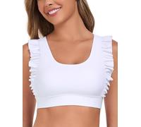 Ocean Blues Women's White Ruffle Swim Top - Scoop Neck with Removable Padding & Wide Band, No Underwire Size Medium