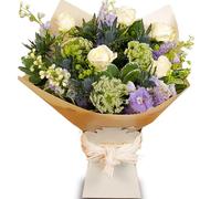 Ocean Breeze Bouquet - Fresh White Roses & Purple Delphiniums Hand-Tied Floral Arrangement Perfect for Birthdays, Anniversaries, Thank You Gifts