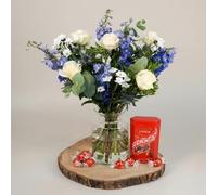 Ocean Breeze Fresh Flower Bouquet With Chocolates, Romantic Blue And White Mixed Flowers, Valentine’s Day Gift For Her, Hand Tied Arrangement By Fleur De Luxe, Delivered In Gift Box