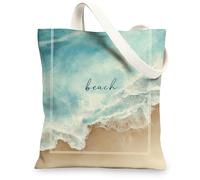 Ocean Canvas Tote Bags Coastal Beach Wave Pattern Reusable Modern Minimalist Lightweight Washable, blue, 13x15 Inch