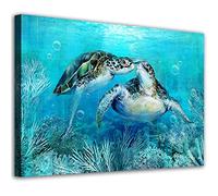 Ocean Canvas Wall Art Sea Turtle Wall Pictures Coral Theme Painting Modern Artwork Family Wall Decor Blue Seascape Prints for Bathroom Decoration Bedroom Living Room Kids Room Randy to Hang 16" x24"