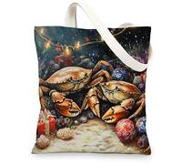 Ocean Christmas Crab Canvas Tote Bag for Shopping 13x15, Fun Sea Coastal Xmas Sealife Reusable Grocery Print Pattern Bag for Women, Holiday Beachy Beach Aesthetic Painting Gift Decor