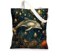 Ocean Christmas Dolphin Canvas Tote Bag for Shopping 13 * 15, Sea Underwater Xmas Balls Reusable Grocery Bag for Women, Holiday Sealife Aesthetic Painting Gift Decor
