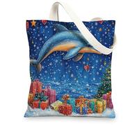 Ocean Christmas Dolphin Canvas Tote Bag for Shopping 13 * 15, Whimsical Sea Xmas Scenic Reusable Grocery Bag for Women, Holiday Sealife Aesthetic Painting Gift Decor