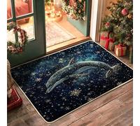 Ocean Christmas Dolphin Front Black Door Mat Outside Inside Entrance 29 * 17, Sea Cool Xmas Snowflake Outdoor Non Slip Doormat, Small Holiday Sealife Print Patio Garage Shoes Off Door Rug