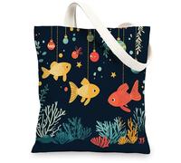 Ocean Christmas Gold Fish Canvas Tote Bag for Shopping 13 * 15, Sea Underwater Xmas Scenic Reusable Grocery Bag for Women, Holiday Sealife Aesthetic Painting Gift Decor