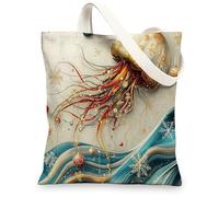 Ocean Christmas Jellyfish Canvas Tote Bag for Shopping 13 * 15, Whimsical Sea Xmas Scenic Reusable Grocery Bag for Women, Holiday Sealife Aesthetic Painting Gift Decoration