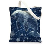 Ocean Christmas Manatee Canvas Tote Bag for Shopping 13 * 15, Sea Cool Xmas Snowflake Reusable Grocery Bag for Women, Holiday Sealife Aesthetic Painting Gift Decor
