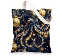 Ocean Christmas Octopus Canvas Tote Bag for Shopping 13 * 15, Sea Underwater Xmas Balls Reusable Grocery Bag for Women, Holiday Sealife Aesthetic Painting Gift Decoration