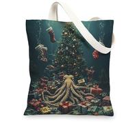 Ocean Christmas Octopus Canvas Tote Bag for Shopping 13 * 15, Sea Underwater Xmas Scenic Reusable Grocery Bag for Women, Holiday Sealife Aesthetic Painting Gift Decoration