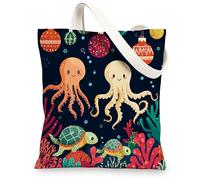 Ocean Christmas Octopus Canvas Tote Bag for Shopping 13 * 15, Sea Underwater Xmas Scenic Reusable Grocery Bag for Women, Holiday Sealife Aesthetic Painting Gift Decor