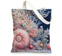 Ocean Christmas Scallop Canvas Tote Bag for Shopping 13x15, Fun Sea Coastal Xmas Sealife Reusable Grocery Print Pattern Bag for Women, Holiday Beachy Beach Aesthetic Painting Gift Decor