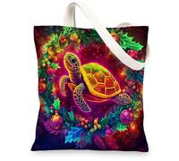 Ocean Christmas Sea Turtle Canvas Tote Bag for Shopping 13 * 15, Fantasy Sea Xmas Underwater Reusable Grocery Bag for Women, Holiday Sealife Aesthetic Painting Gift Decoration