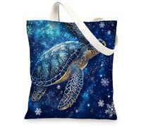 Ocean Christmas Sea Turtle Canvas Tote Bag for Shopping 13 * 15, Sea Cool Xmas Snowflake Reusable Grocery Bag for Women, Holiday Sealife Aesthetic Painting Gift Decoration