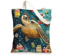 Ocean Christmas Sea Turtle Canvas Tote Bag for Shopping 13 * 15, Whimsical Sea Xmas Scenic Reusable Grocery Bag for Women, Holiday Sealife Aesthetic Painting Gift Decor