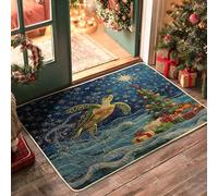 Ocean Christmas Sea Turtle Front Black Door Mat Outside Inside Entrance 29''x17'', Fantasy Sea Xmas Underwater Outdoor Washable Doormat, Small Holiday Sealife Patio Garage Shoes Off Door Rug