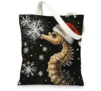 Ocean Christmas Seahorse Canvas Tote Bag for Shopping 13 * 15, Sea Cool Xmas Snowflake Reusable Grocery Bag for Women, Holiday Sealife Aesthetic Painting Gift Decor