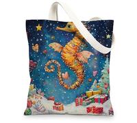 Ocean Christmas Seahorse Canvas Tote Bag for Shopping 13 * 15, Whimsical Sea Xmas Scenic Reusable Grocery Bag for Women, Holiday Sealife Aesthetic Painting Gift Decor