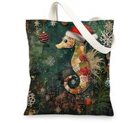 Ocean Christmas Seahorse Canvas Tote Bag for Shopping 13 * 15, Whimsical Sea Xmas Scenic Reusable Grocery Bag for Women, Holiday Sealife Aesthetic Painting Gift Decoration