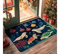 Ocean Christmas Seal Front Black Door Mat Outside Inside Entrance 29''x17'', Sea Underwater Xmas Scenic Outdoor Washable Doormat, Small Holiday Sealife Patio Garage Shoes Off Door Rug