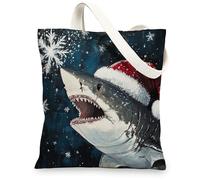 Ocean Christmas Shark Canvas Tote Bag for Shopping 13 * 15, Sea Cool Xmas Snowflake Reusable Grocery Bag for Women, Holiday Sharkife Aesthetic Painting Gift Decor
