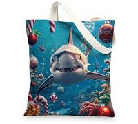 Ocean Christmas Shark Canvas Tote Bag for Shopping 13 * 15, Sea Underwater Xmas Scenic Reusable Grocery Bag for Women, Holiday Sharkife Aesthetic Painting Gift Decor